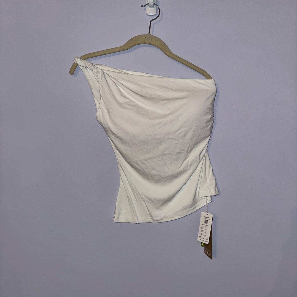 OGL White One-Shoulder Tank Top with Built-In Bra - Picture 3 of 5